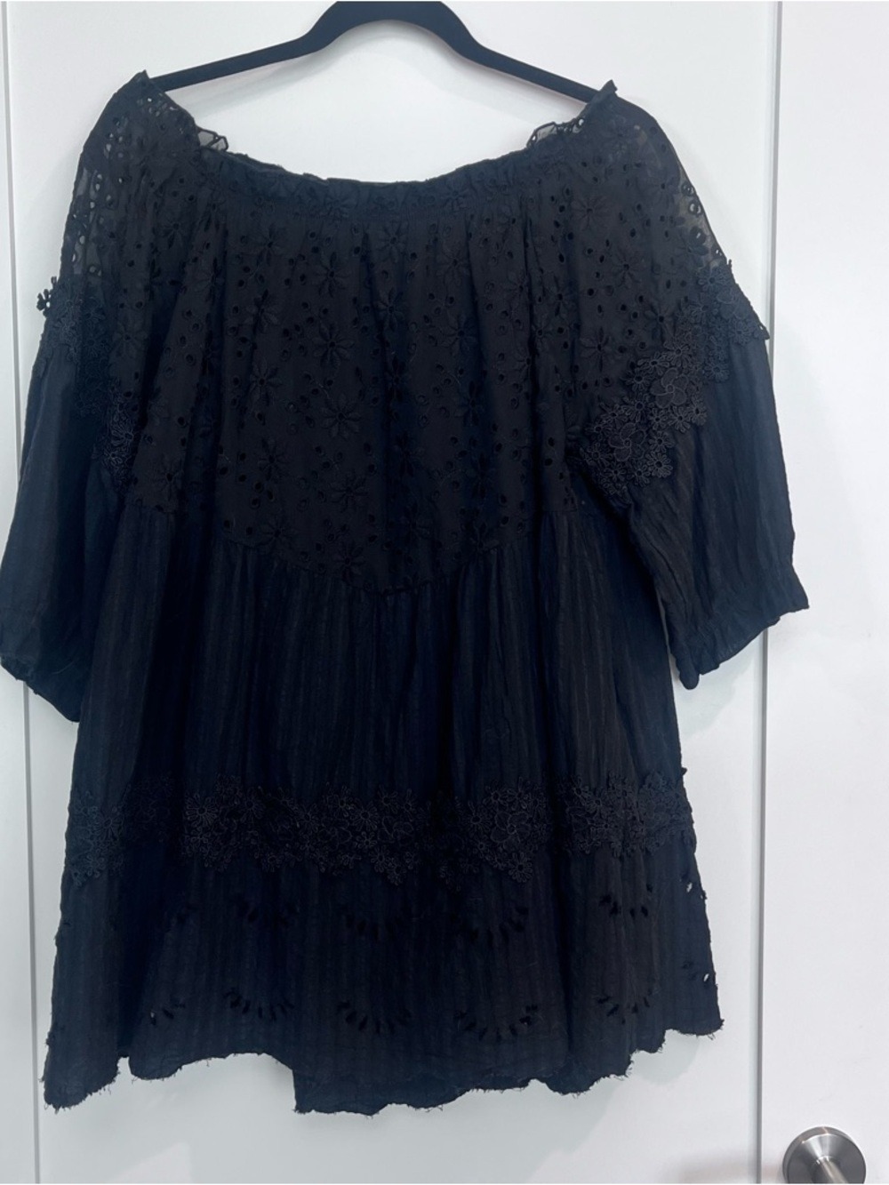 VICI Black Eyelet Lace Boho Blouse | Peasant Top | Small